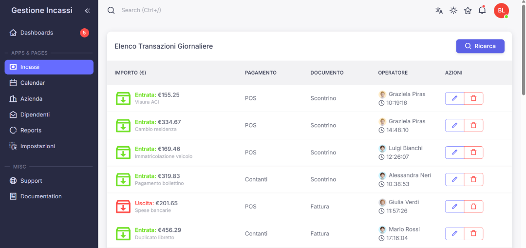 Form Inserimento Gestione Incassi