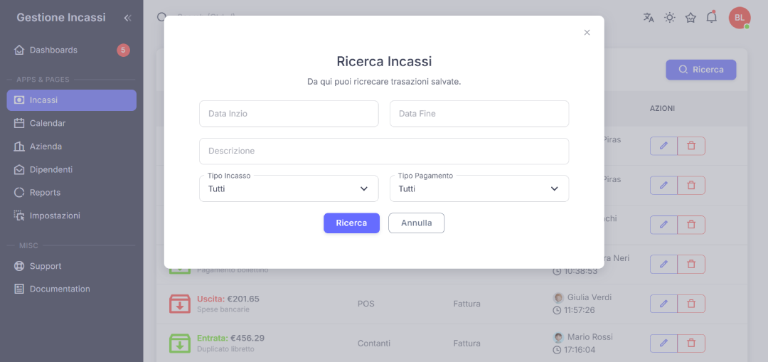 RicercaAvanzata Gestione Incassi